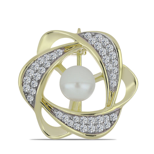 Alfinete de Prata com Banho de Ouro com Pérola de Água Doce Branca e Topázio Branco  Contraste: Cabeca de Veado (800)