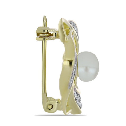 Alfinete de Prata com Banho de Ouro com Pérola de Água Doce Branca e Topázio Branco  Contraste: Cabeca de Veado (800)