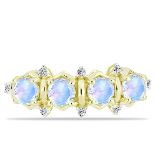 Anel de Prata com Banho de Ouro com Pedra da Lua Arco-íris e Topázio Branco