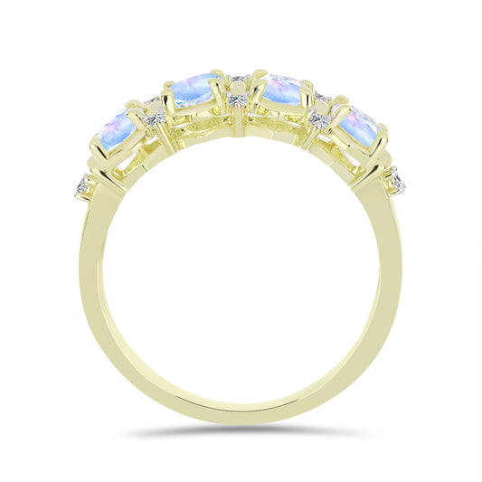 Anel de Prata com Banho de Ouro com Pedra da Lua Arco-íris e Topázio Branco