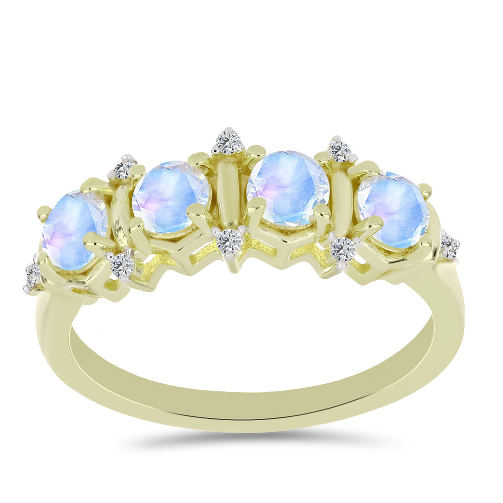 Anel de Prata com Banho de Ouro com Pedra da Lua Arco-íris e Topázio Branco