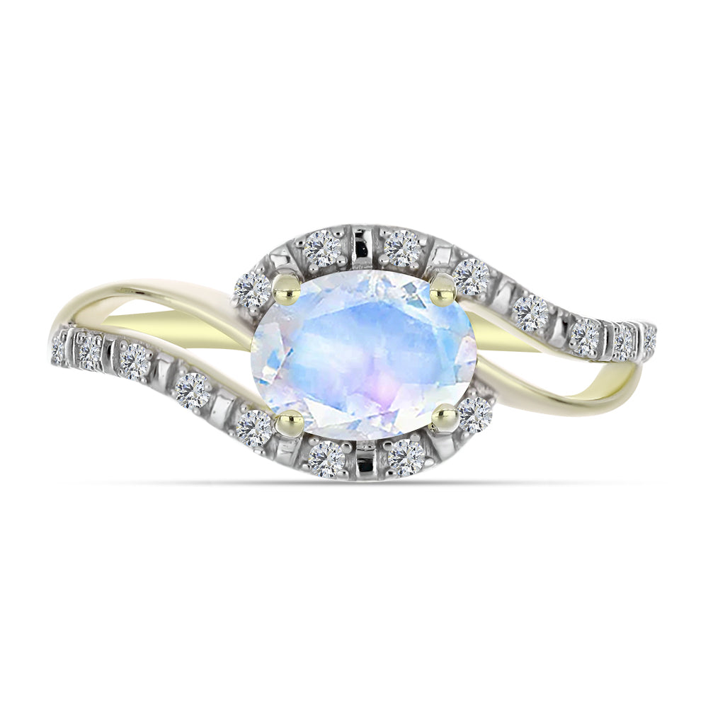 Anel de Prata com Banho de Ouro com Pedra da Lua Arco-íris e Topázio Branco