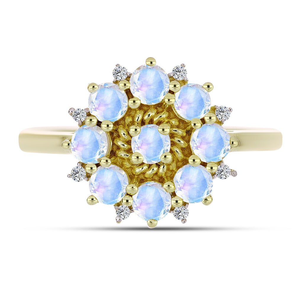 Anel de Prata com Banho de Ouro com Pedra da Lua Arco-íris e Topázio Branco 1 