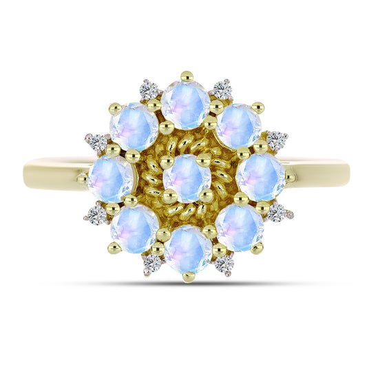 Anel de Prata com Banho de Ouro com Pedra da Lua Arco-íris e Topázio Branco