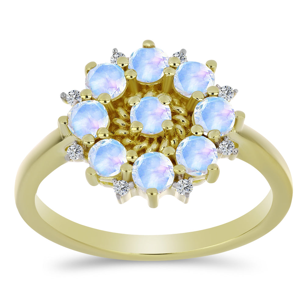 Anel de Prata com Banho de Ouro com Pedra da Lua Arco-íris e Topázio Branco 3 