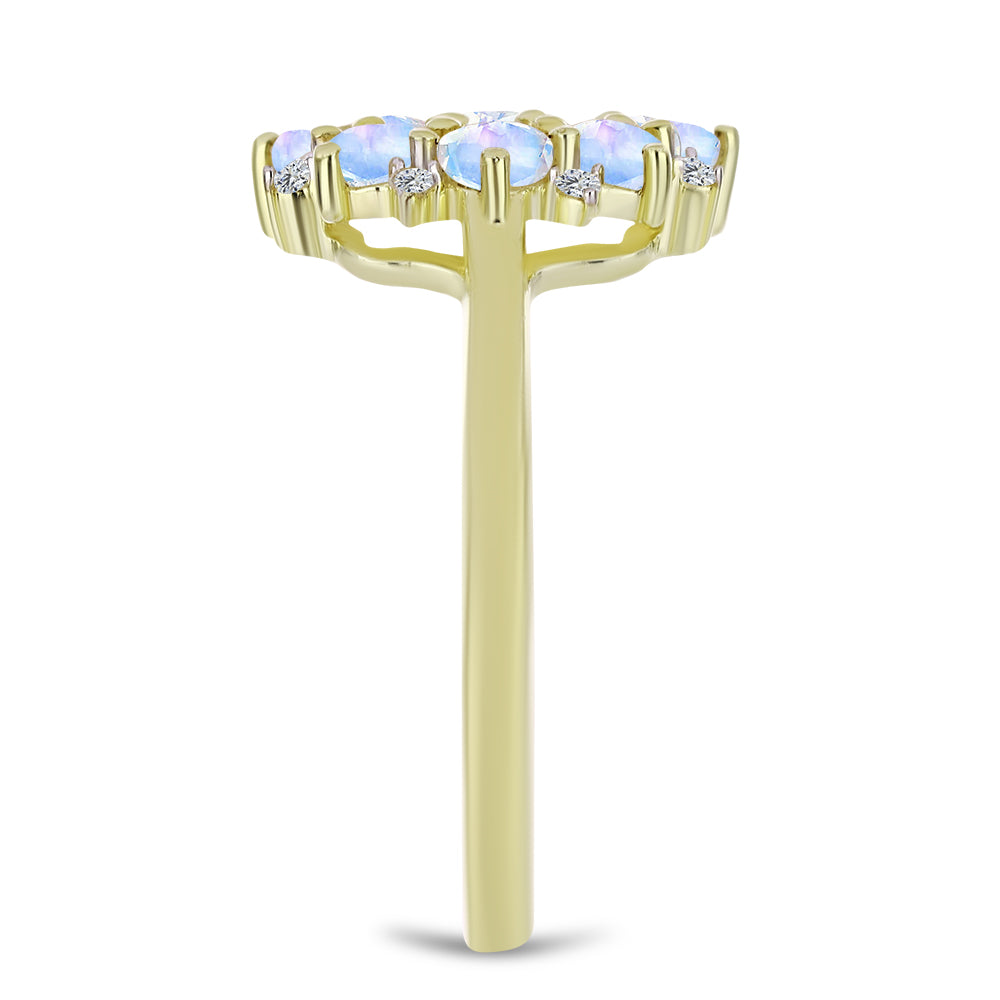 Anel de Prata com Banho de Ouro com Pedra da Lua Arco-íris e Topázio Branco