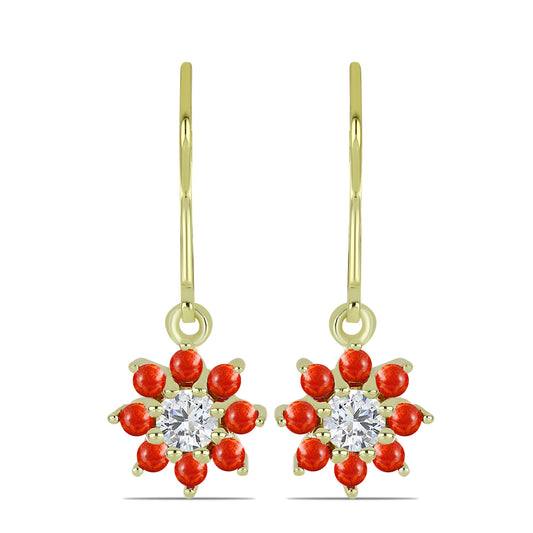 Brincos de Prata com Banho de Ouro com Coral Esponja Vermelha e Topázio Branco