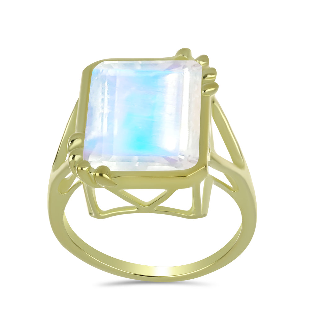 Anel de Prata com Banho de Ouro com Pedra da Lua Arco-íris  Contraste: Cabeca de Veado (800)