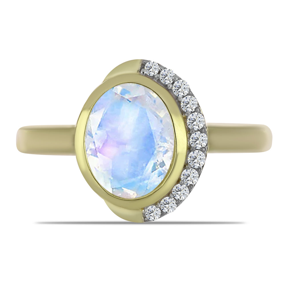 Anel de Prata com Banho de Ouro com Pedra da Lua Arco-íris e Topázio Branco  Contraste: Cabeca de Veado (800)