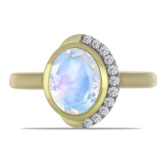 Anel de Prata com Banho de Ouro com Pedra da Lua Arco-íris e Topázio Branco  Contraste: Cabeca de Veado (800)