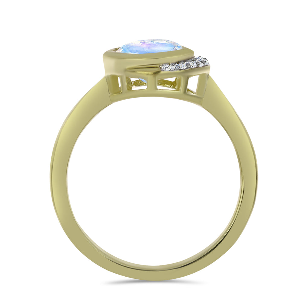 Anel de Prata com Banho de Ouro com Pedra da Lua Arco-íris e Topázio Branco  Contraste: Cabeca de Veado (800)