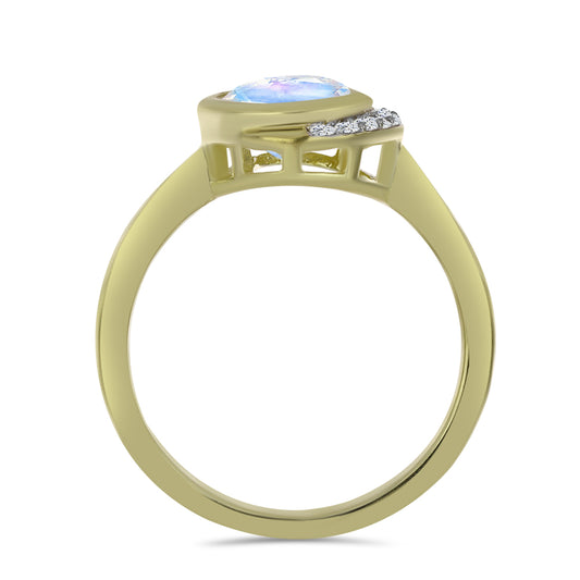 Anel de Prata com Banho de Ouro com Pedra da Lua Arco-íris e Topázio Branco  Contraste: Cabeca de Veado (800)