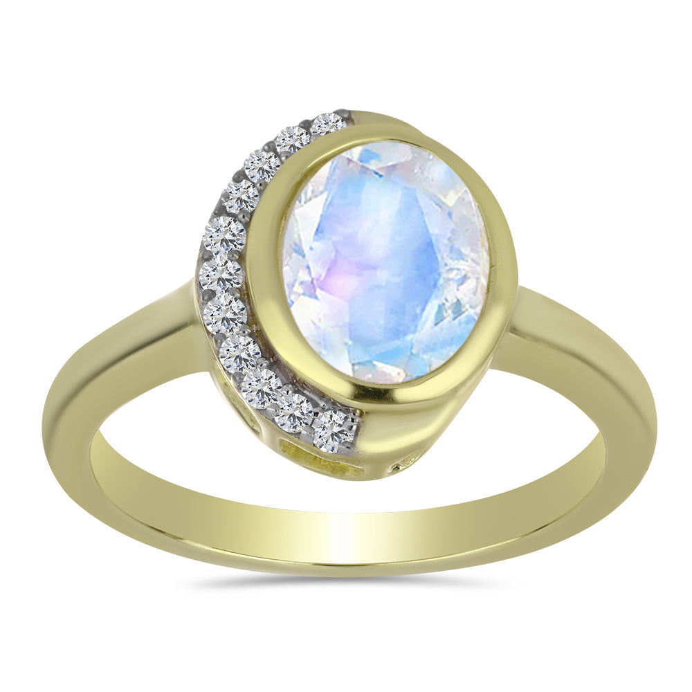 Anel de Prata com Banho de Ouro com Pedra da Lua Arco-íris e Topázio Branco  Contraste: Cabeca de Veado (800)