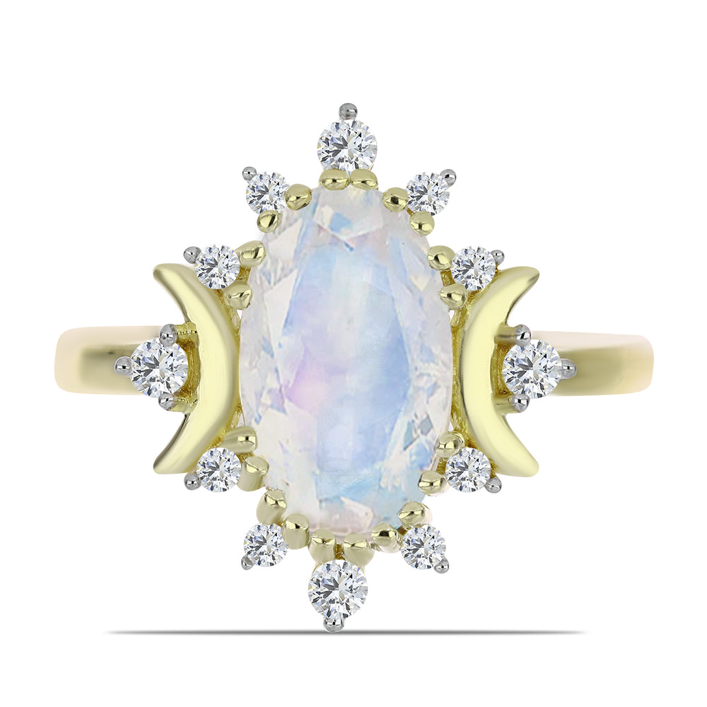 Anel de Prata com Banho de Ouro com Pedra da Lua Arco-íris e Topázio Branco  Contraste: Cabeca de Veado (800) 1 