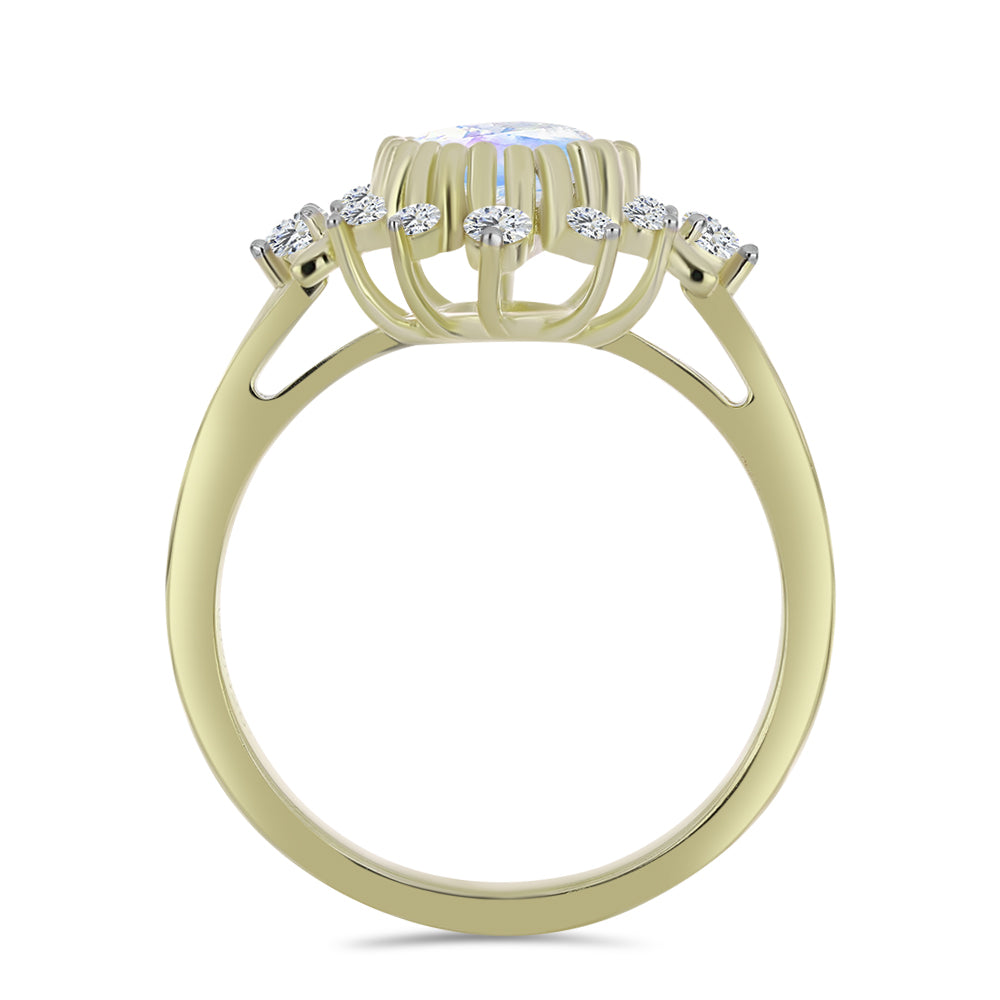 Anel de Prata com Banho de Ouro com Pedra da Lua Arco-íris e Topázio Branco  Contraste: Cabeca de Veado (800)