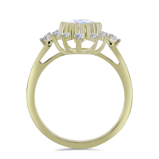 Anel de Prata com Banho de Ouro com Pedra da Lua Arco-íris e Topázio Branco  Contraste: Cabeca de Veado (800)