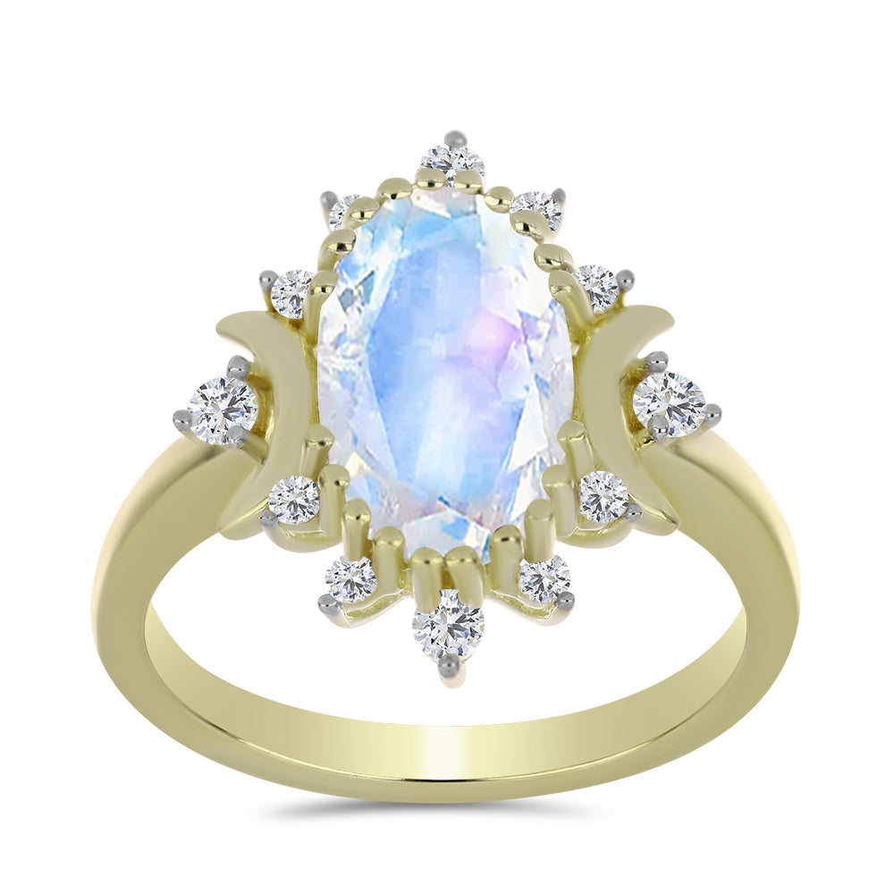 Anel de Prata com Banho de Ouro com Pedra da Lua Arco-íris e Topázio Branco  Contraste: Cabeca de Veado (800) 3 