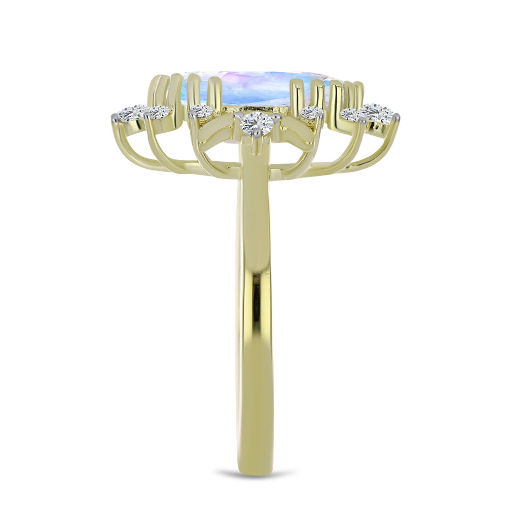 Anel de Prata com Banho de Ouro com Pedra da Lua Arco-íris e Topázio Branco  Contraste: Cabeca de Veado (800) 4 