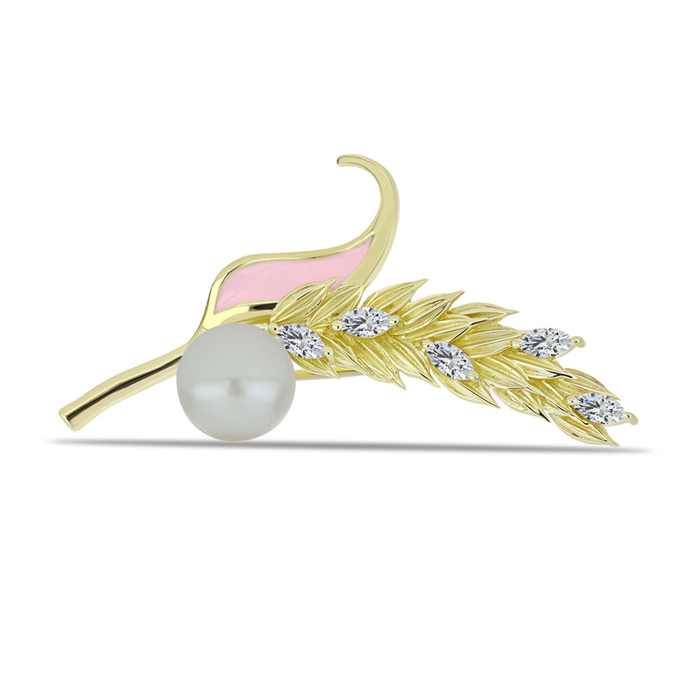 Alfinete de Prata com Banho de Ouro com Pérola de Água Doce Branca e Topázio Branco  Contraste: Cabeca de Veado (800) 1 