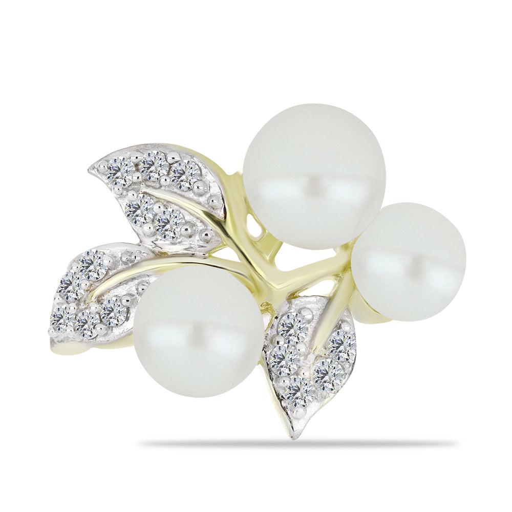 Anel de Prata com Banho de Ouro com Pérola de Água Doce Branca e Topázio Branco  Contraste: Cabeca de Veado (800) 1 