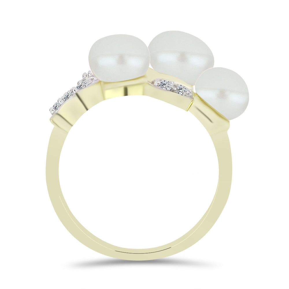 Anel de Prata com Banho de Ouro com Pérola de Água Doce Branca e Topázio Branco  Contraste: Cabeca de Veado (800)