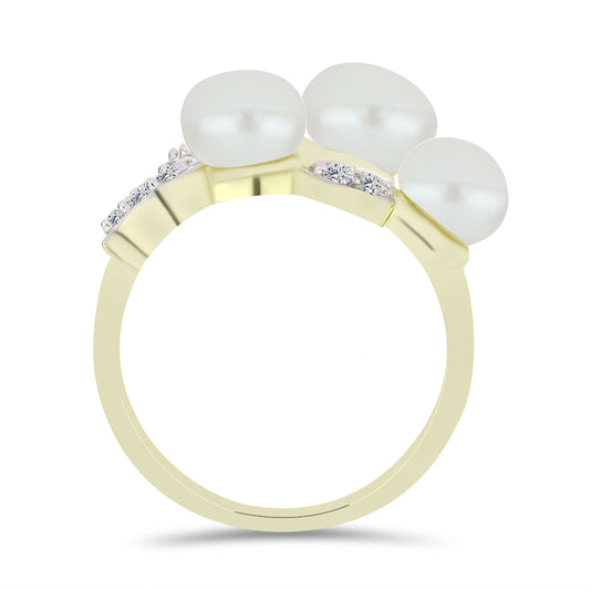 Anel de Prata com Banho de Ouro com Pérola de Água Doce Branca e Topázio Branco  Contraste: Cabeca de Veado (800)