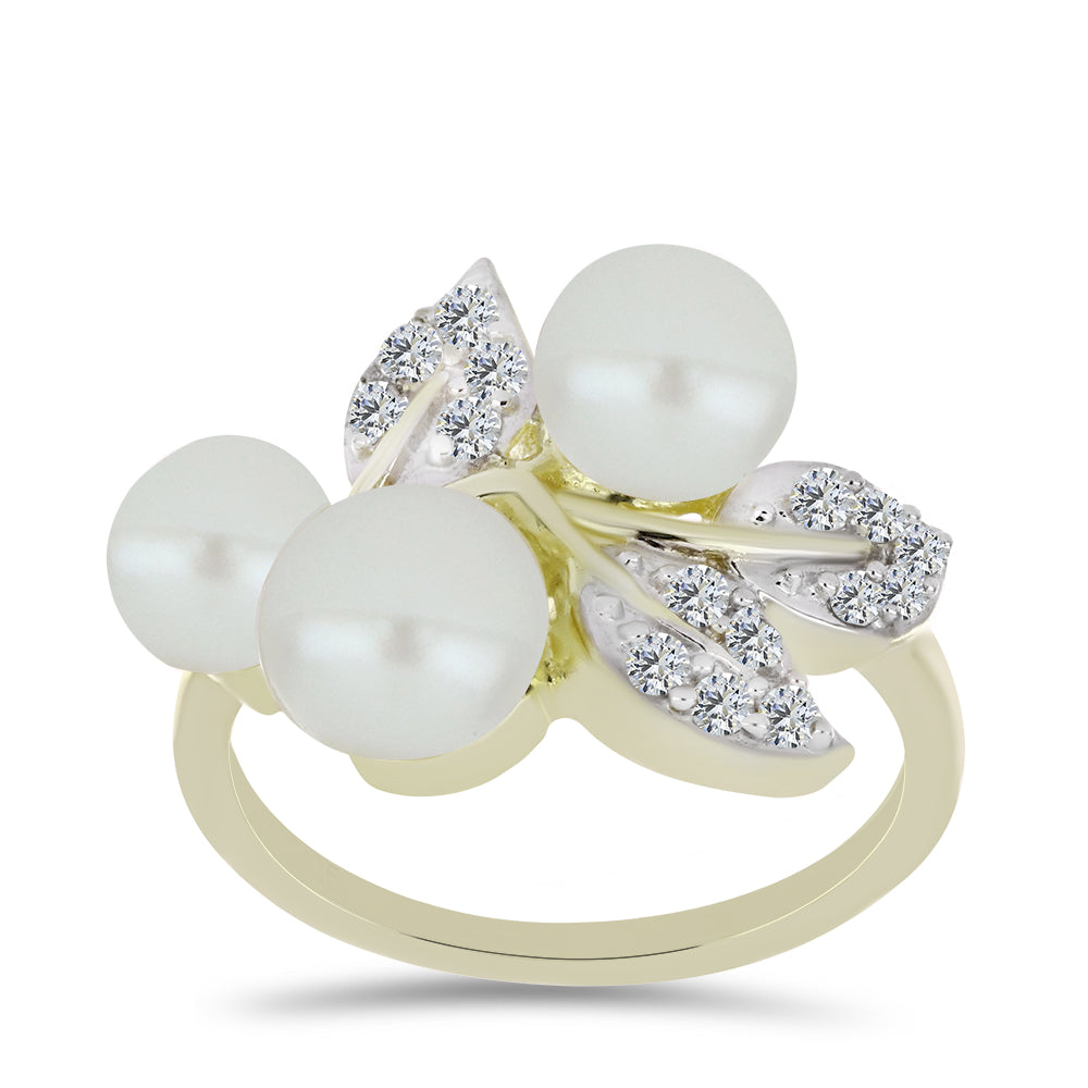 Anel de Prata com Banho de Ouro com Pérola de Água Doce Branca e Topázio Branco  Contraste: Cabeca de Veado (800) 3 