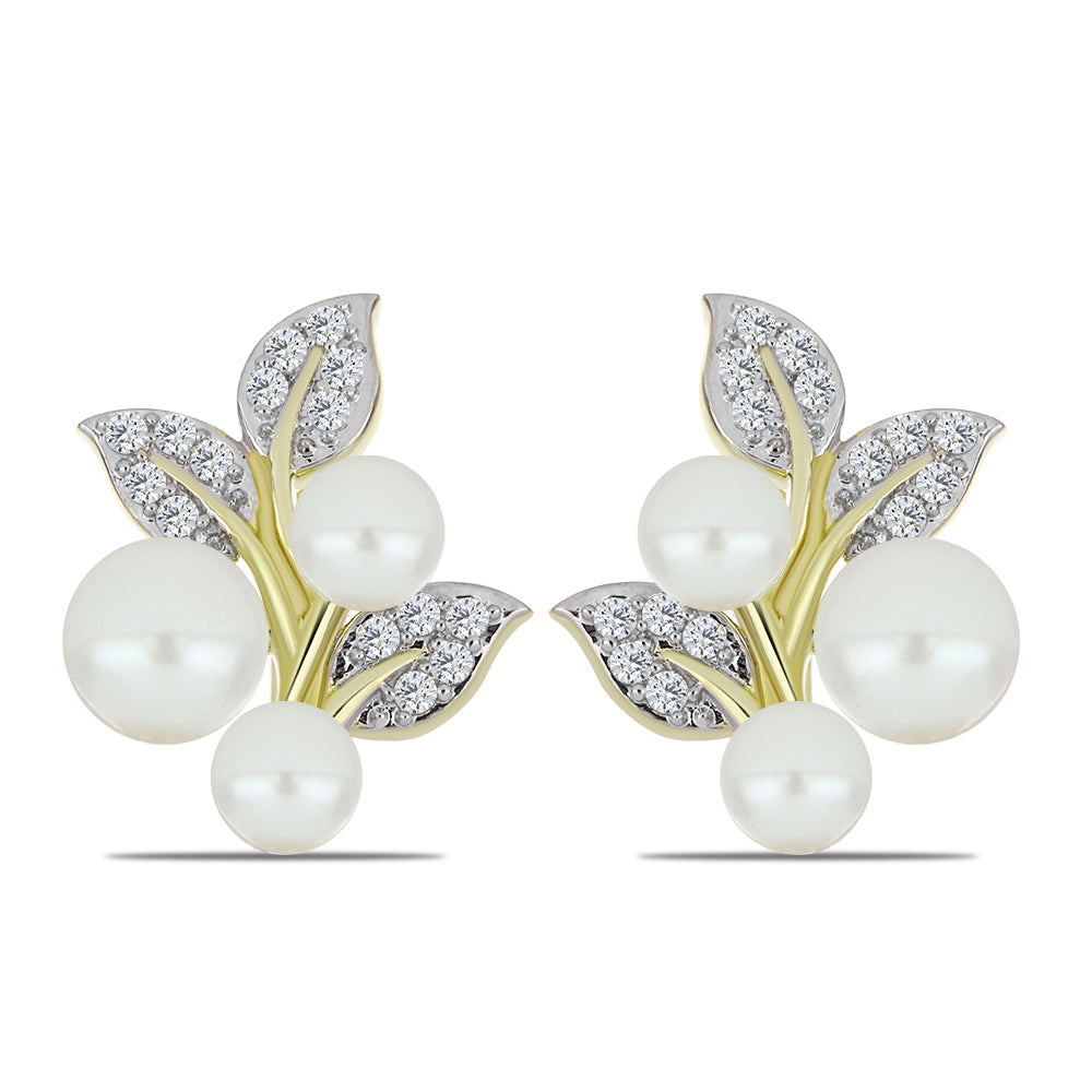 Brincos de Prata com Banho de Ouro com Pérola de Água Doce Branca e Topázio Branco