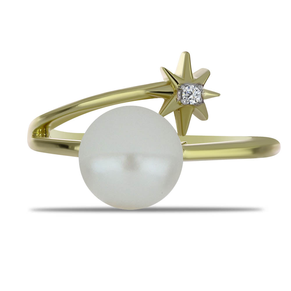 Anel de Prata com Banho de Ouro com Pérola de Água Doce Branca e Topázio Branco 1 