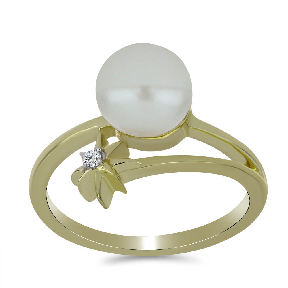 Anel de Prata com Banho de Ouro com Pérola de Água Doce Branca e Topázio Branco 3 