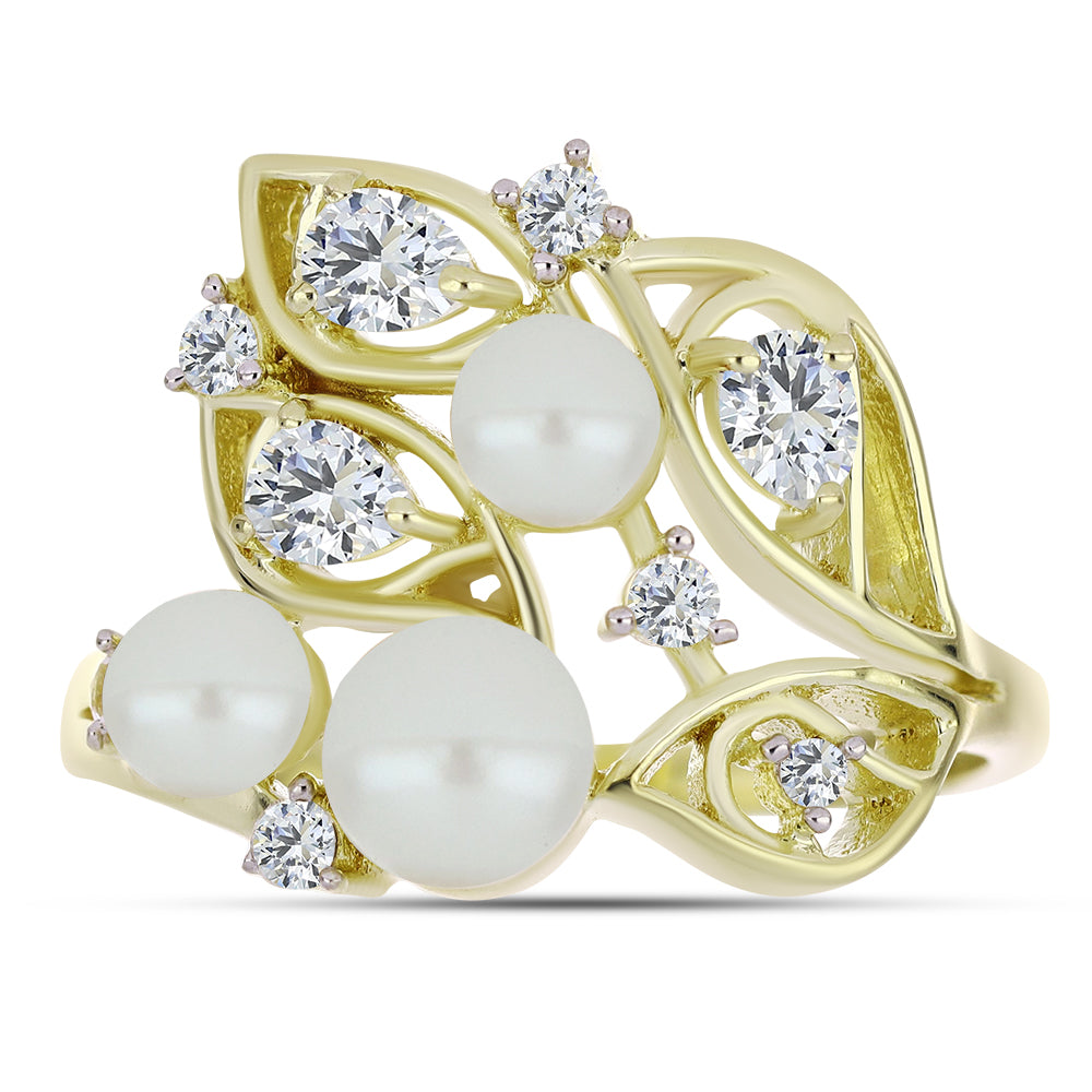 Anel de Prata com Banho de Ouro com Pérola de Água Doce Branca e Topázio Branco  Contraste: Cabeca de Veado (800) 1 