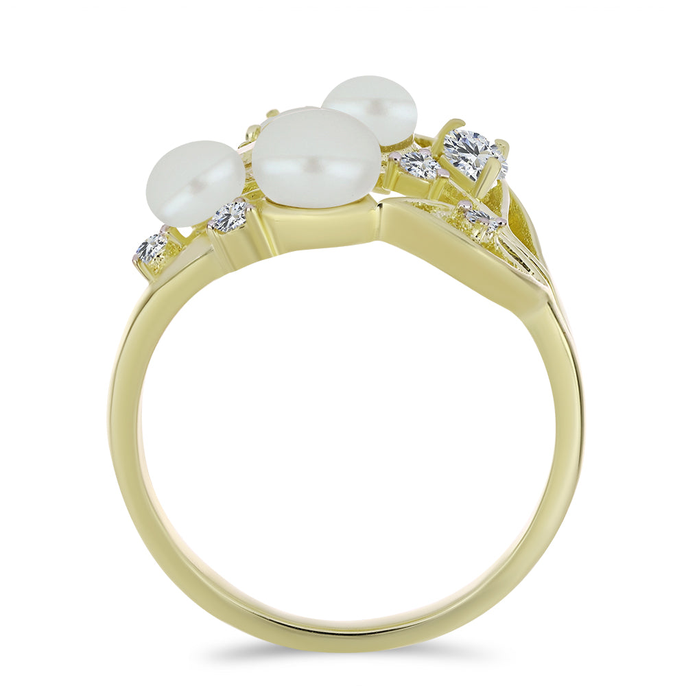 Anel de Prata com Banho de Ouro com Pérola de Água Doce Branca e Topázio Branco  Contraste: Cabeca de Veado (800)