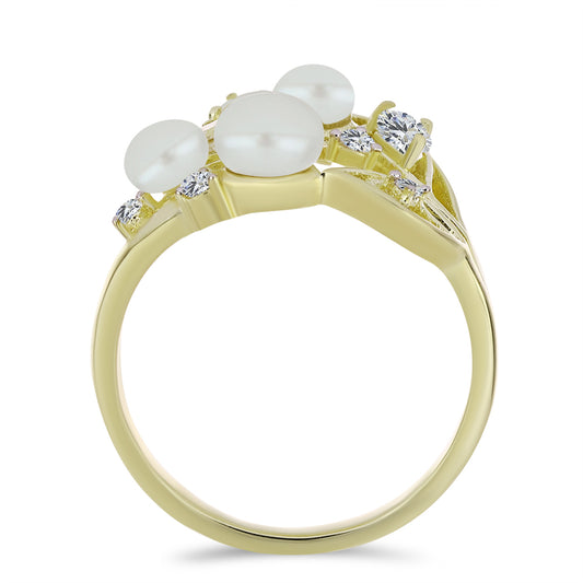 Anel de Prata com Banho de Ouro com Pérola de Água Doce Branca e Topázio Branco  Contraste: Cabeca de Veado (800)