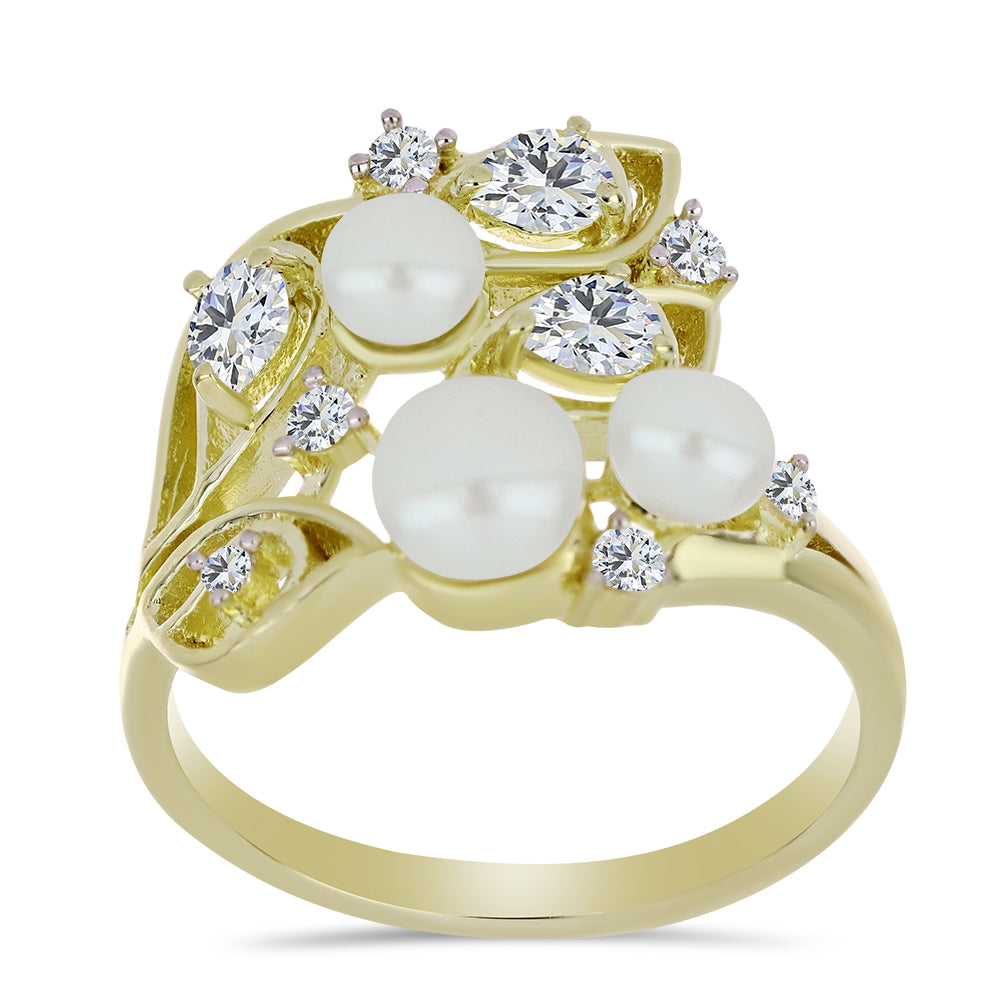 Anel de Prata com Banho de Ouro com Pérola de Água Doce Branca e Topázio Branco  Contraste: Cabeca de Veado (800) 3 