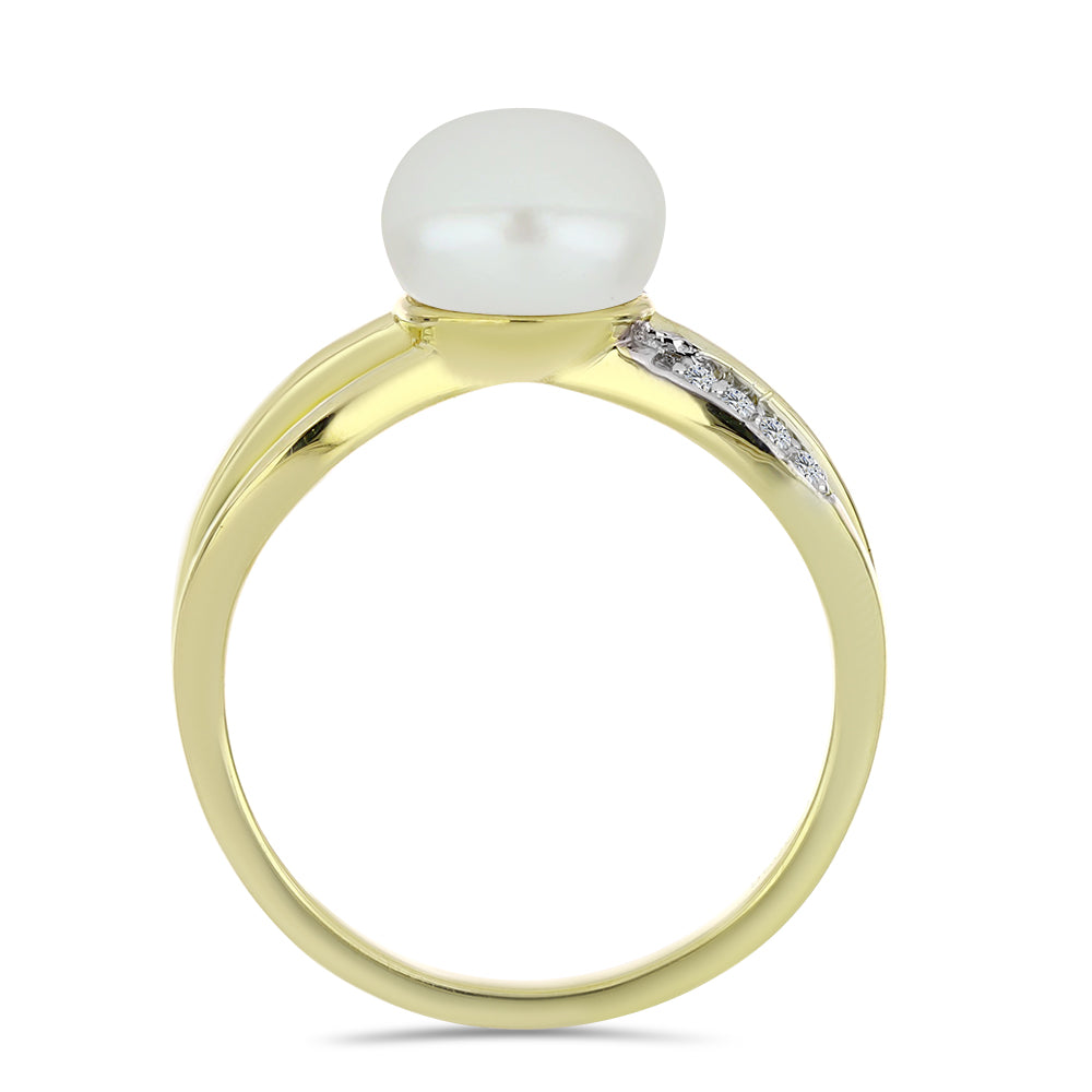 Anel de Prata com Banho de Ouro com Pérola de Água Doce Branca e Topázio Branco  Contraste: Cabeca de Veado (800)