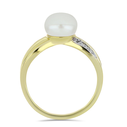 Anel de Prata com Banho de Ouro com Pérola de Água Doce Branca e Topázio Branco  Contraste: Cabeca de Veado (800)