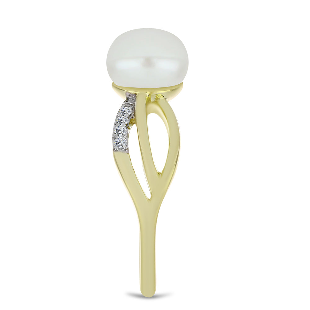 Anel de Prata com Banho de Ouro com Pérola de Água Doce Branca e Topázio Branco  Contraste: Cabeca de Veado (800) 4 