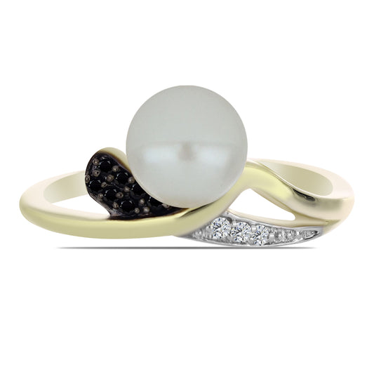 Anel de Prata com Banho de Ouro com Pérola de Água Doce Branca e Espinela Preta