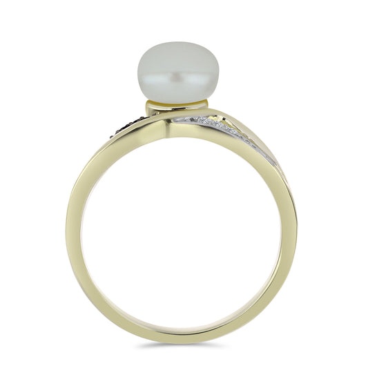 Anel de Prata com Banho de Ouro com Pérola de Água Doce Branca e Espinela Preta