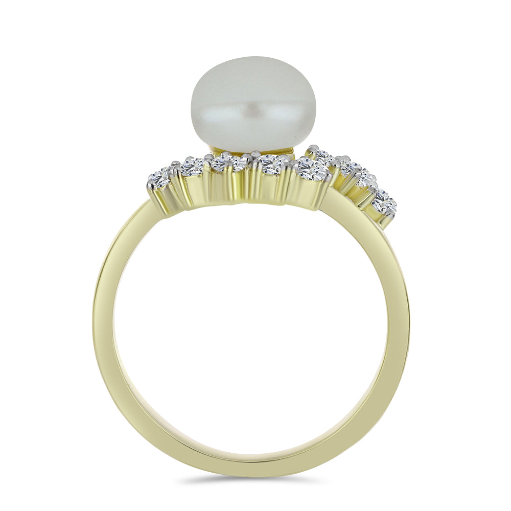 Anel de Prata com Banho de Ouro com Pérola de Água Doce Branca e Topázio Branco 2 