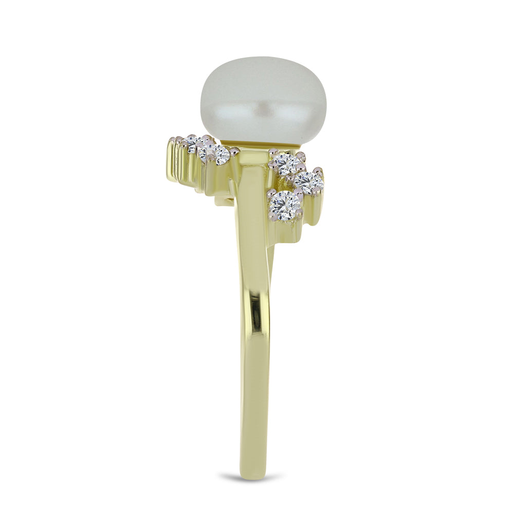 Anel de Prata com Banho de Ouro com Pérola de Água Doce Branca e Topázio Branco 4 