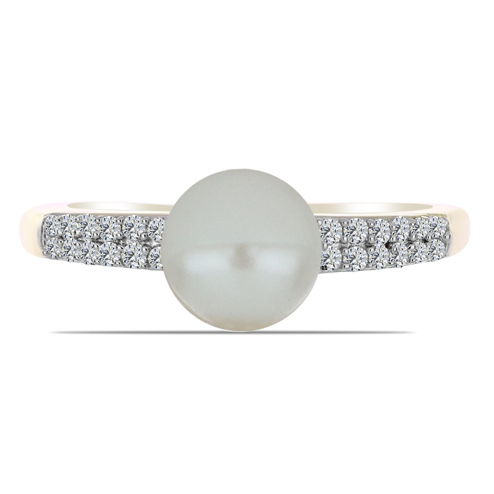 Anel de Prata com Banho de Ouro com Pérola de Água Doce Branca e Topázio Branco