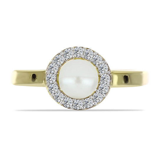 Anel de Prata com Banho de Ouro com Pérola de Água Doce Branca e Topázio Branco