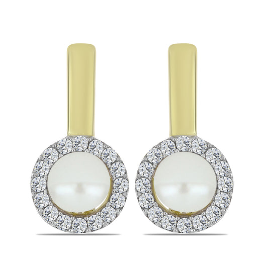 Brincos de Prata com Banho de Ouro com Pérola de Água Doce Branca e Topázio Branco