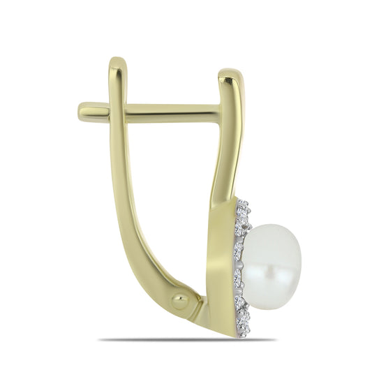 Brincos de Prata com Banho de Ouro com Pérola de Água Doce Branca e Topázio Branco