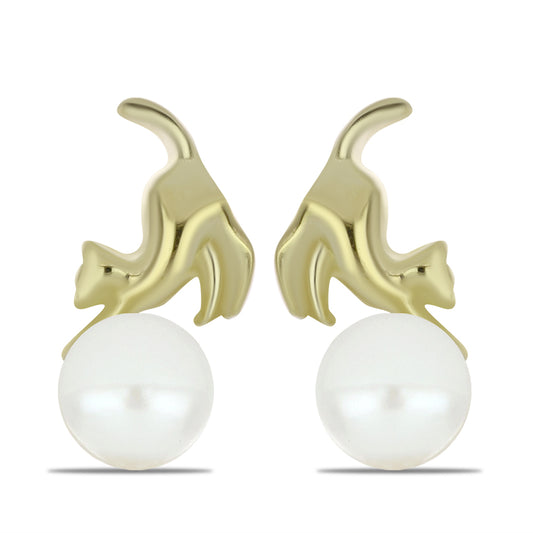 Brincos de Prata com Banho de Ouro com Pérola de Água Doce Branca