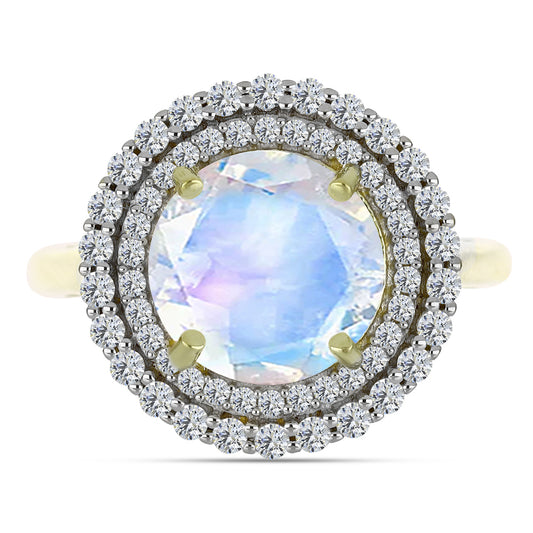 Anel de Prata com Banho de Ouro com Pedra da Lua Arco-íris e Água-Marinha  Contraste: Cabeca de Veado (800)