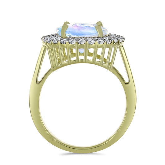 Anel de Prata com Banho de Ouro com Pedra da Lua Arco-íris e Água-Marinha  Contraste: Cabeca de Veado (800)