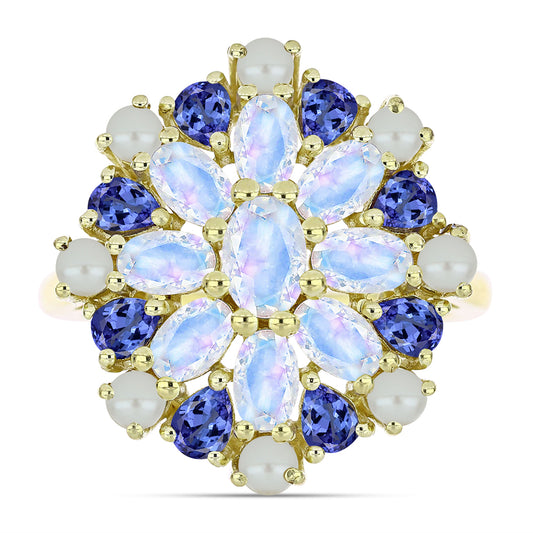 Anel de Prata com Banho de Ouro com Pérola de Água Doce Branca e Tanzanite  Contraste: Cabeca de Veado (800)
