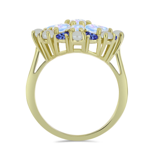 Anel de Prata com Banho de Ouro com Pérola de Água Doce Branca e Tanzanite  Contraste: Cabeca de Veado (800)